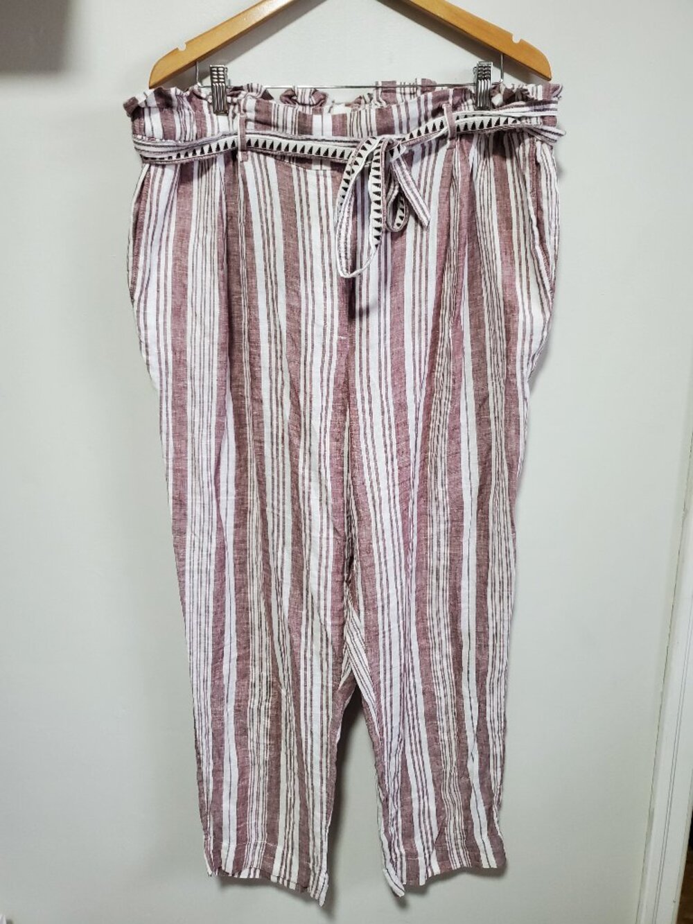 H&M x LEMLEM 100% Linen 28" Paperbag Pants Red White Stripe XL Belt Beach Travel - Picture 2 of 14
